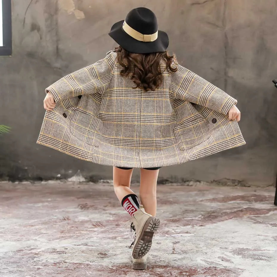 Winter Woolen Coat for Girl Thick Jacket Toddler Girls Plaid Outerwear Kids Clothes Autumn England Teenage Trench School Uniform