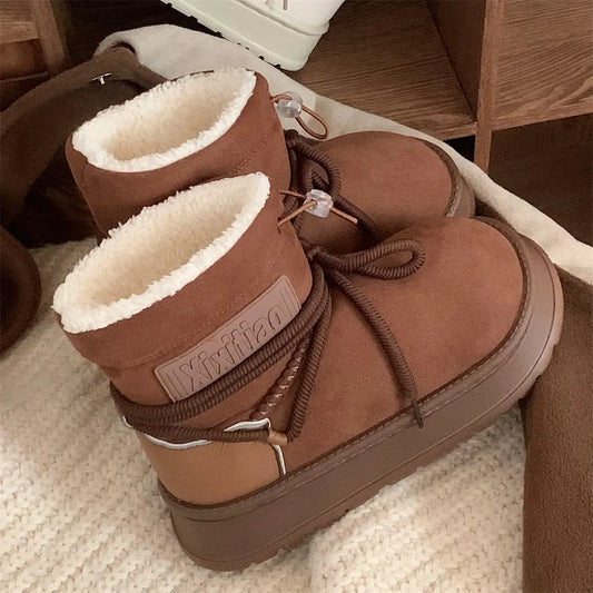 Winter Outdoor Women Ankle Snow Boots Ladies Plush Warm Shoes Classic Ultra Platform Cow Suede Furry Hook & Loop Flat Booties