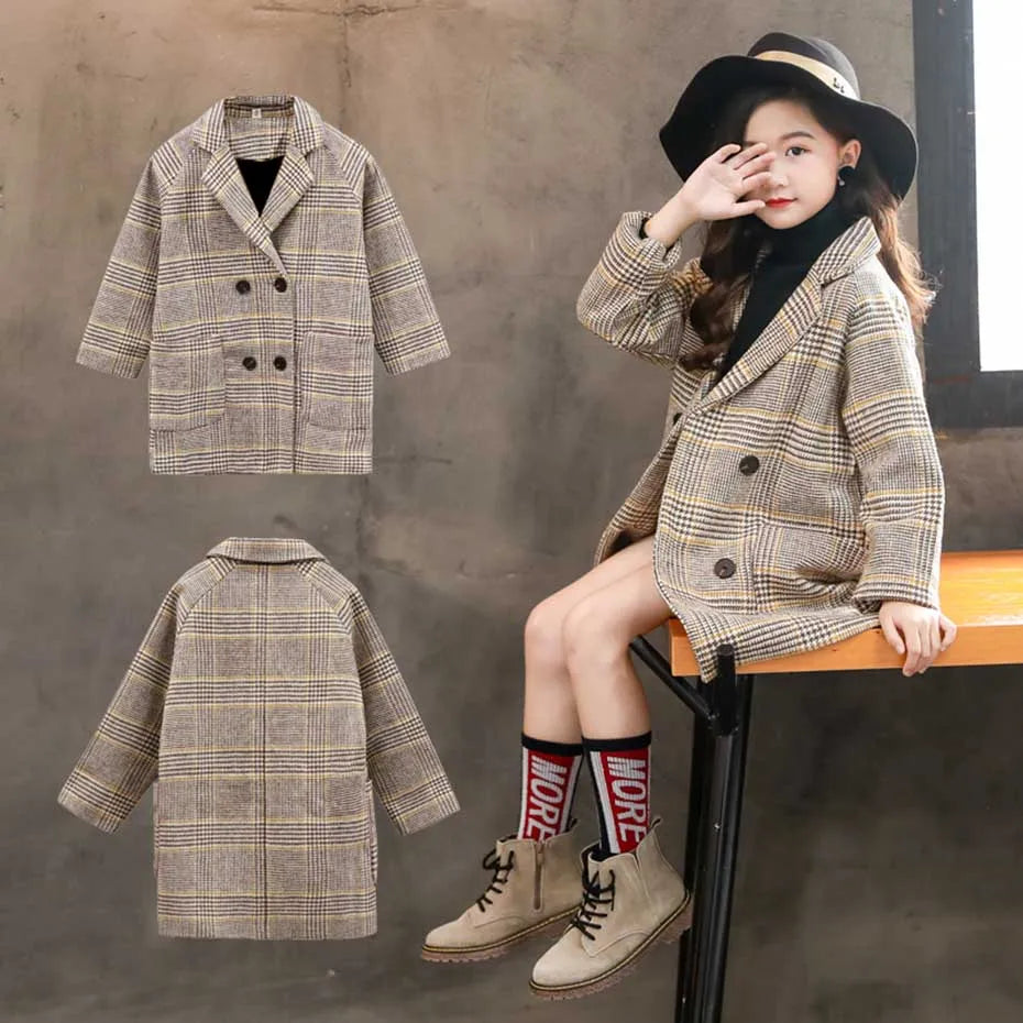 Winter Woolen Coat for Girl Thick Jacket Toddler Girls Plaid Outerwear Kids Clothes Autumn England Teenage Trench School Uniform