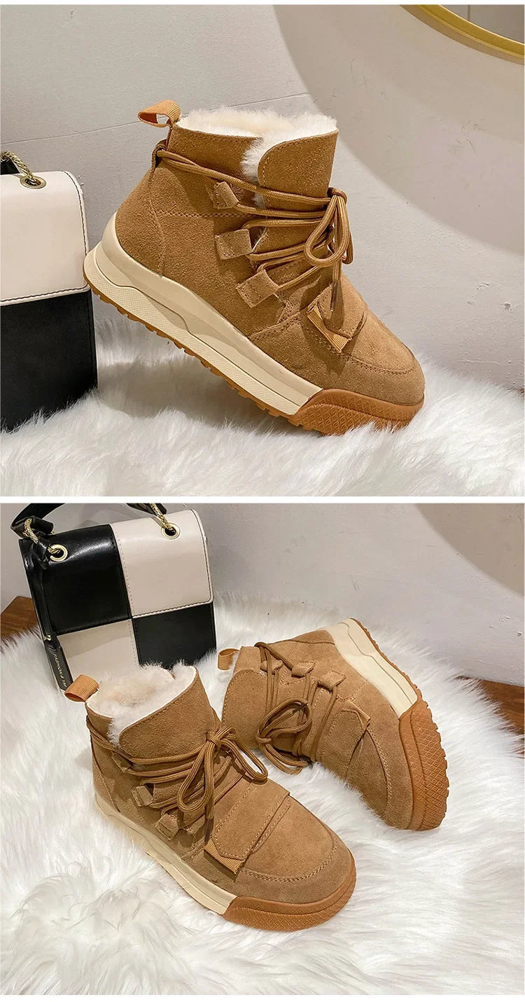 Winter Snow Boots Women Genuine Cow Leather Artificial Wool Solid Color Lace-up 2024 Warm Ladies Shoes Handmade