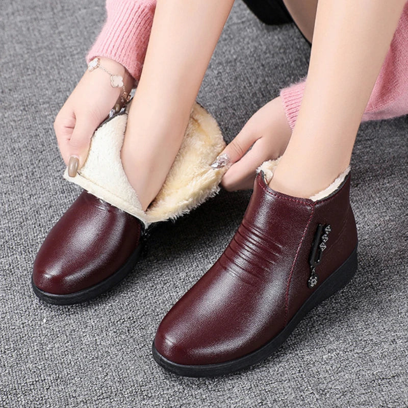 Winter Women Boots Leather Boots Warm Waterproof Cotton Shoes Soft Sole Plush Outdoor Snow Boot Non-slip Comfortable Ankle Boots