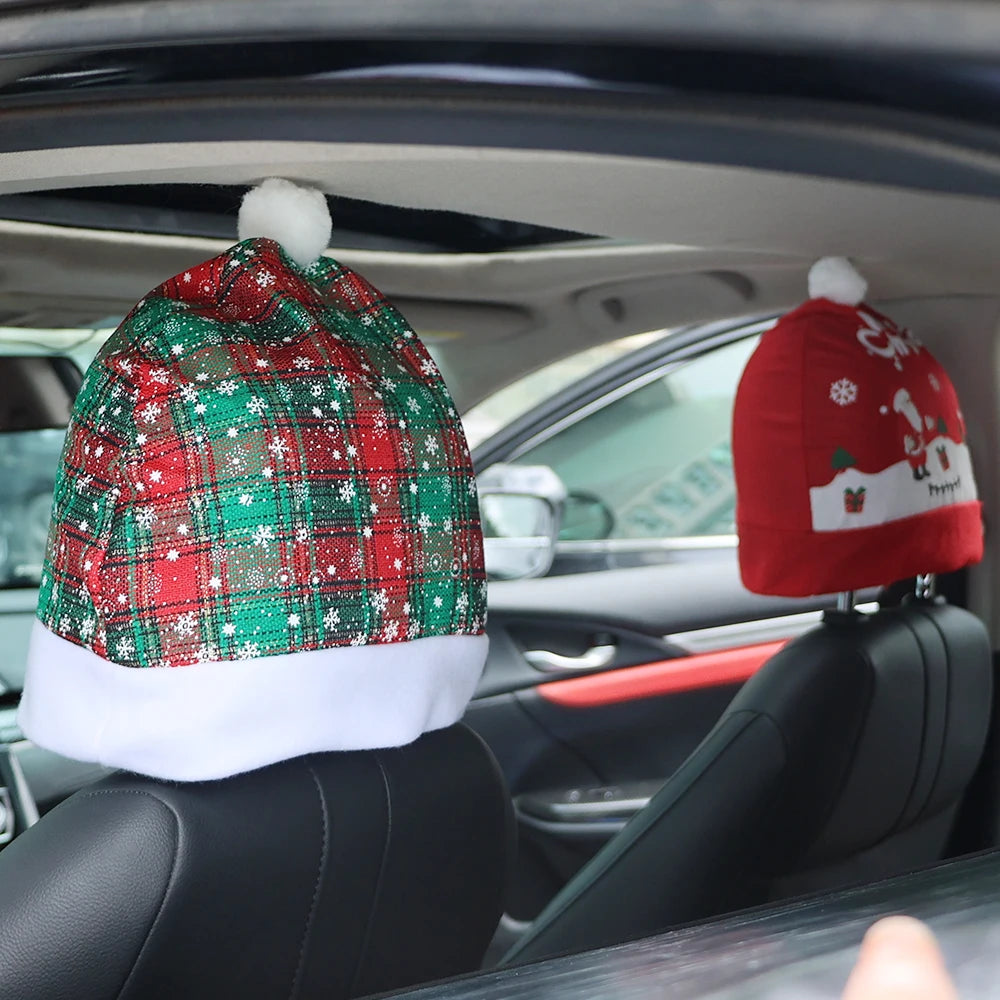Christmas Car Seat Pillowcase Merry Christmas Santa's Hat Automotive Seat Headrest Cover Car Interior Decor Accessories Gift