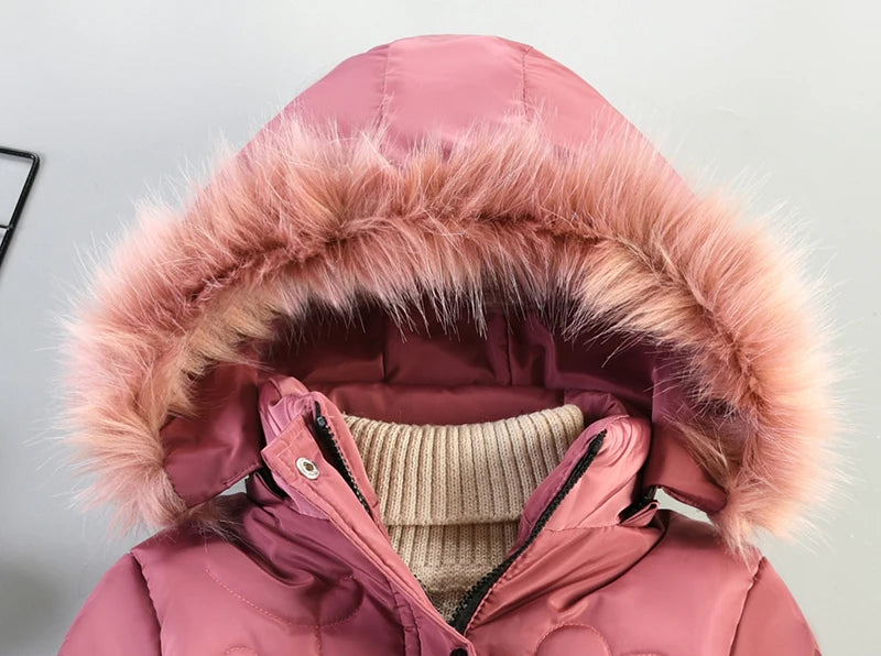 Winter Snow Suit For Girls, Fur Collar & Tunic Details Warm Cotton-padded Hooded Coat, Kids Outerwear