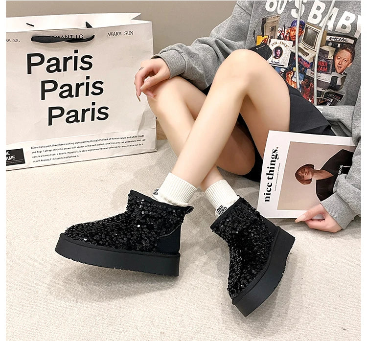 Winter New Warm 4CM Platform Snow Boots Black Bling Sequined Cloth Wool Lined Women Fashion Boots Luxurious shiny suede boots