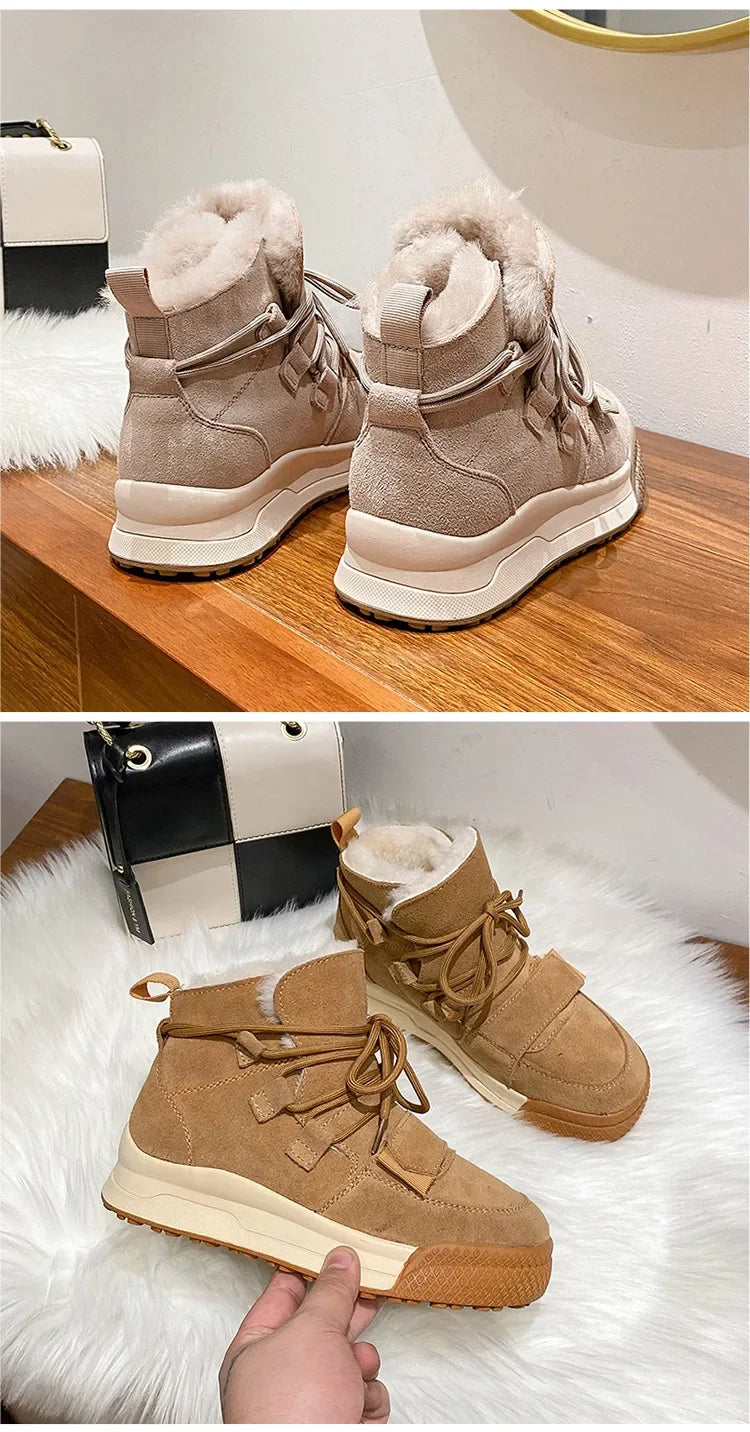 Winter Snow Boots Women Genuine Cow Leather Artificial Wool Solid Color Lace-up 2024 Warm Ladies Shoes Handmade