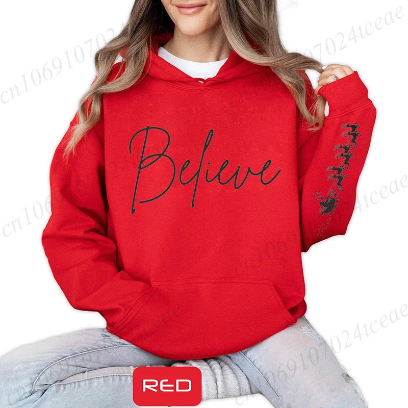 Believe Christmas Hoodies Sweatshirt for Women Men Family Christmas Party Sweatshirt Autumn Winter Christmas Hooded Sportwear