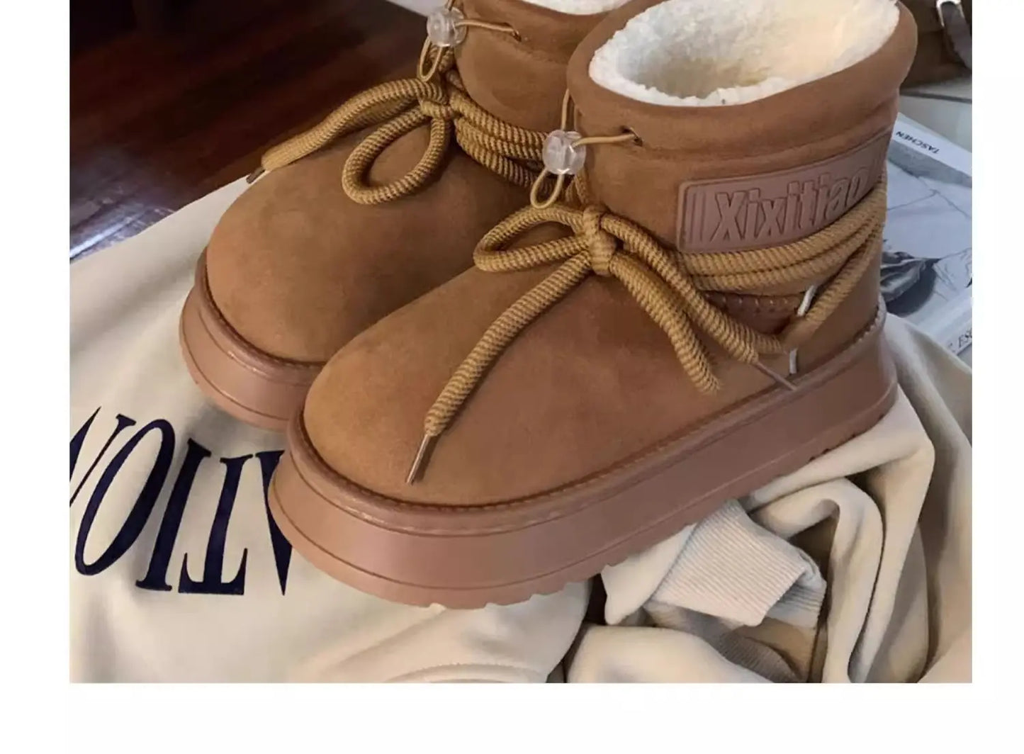 Winter Outdoor Women Ankle Snow Boots Ladies Plush Warm Shoes Classic Ultra Platform Cow Suede Furry Hook & Loop Flat Booties