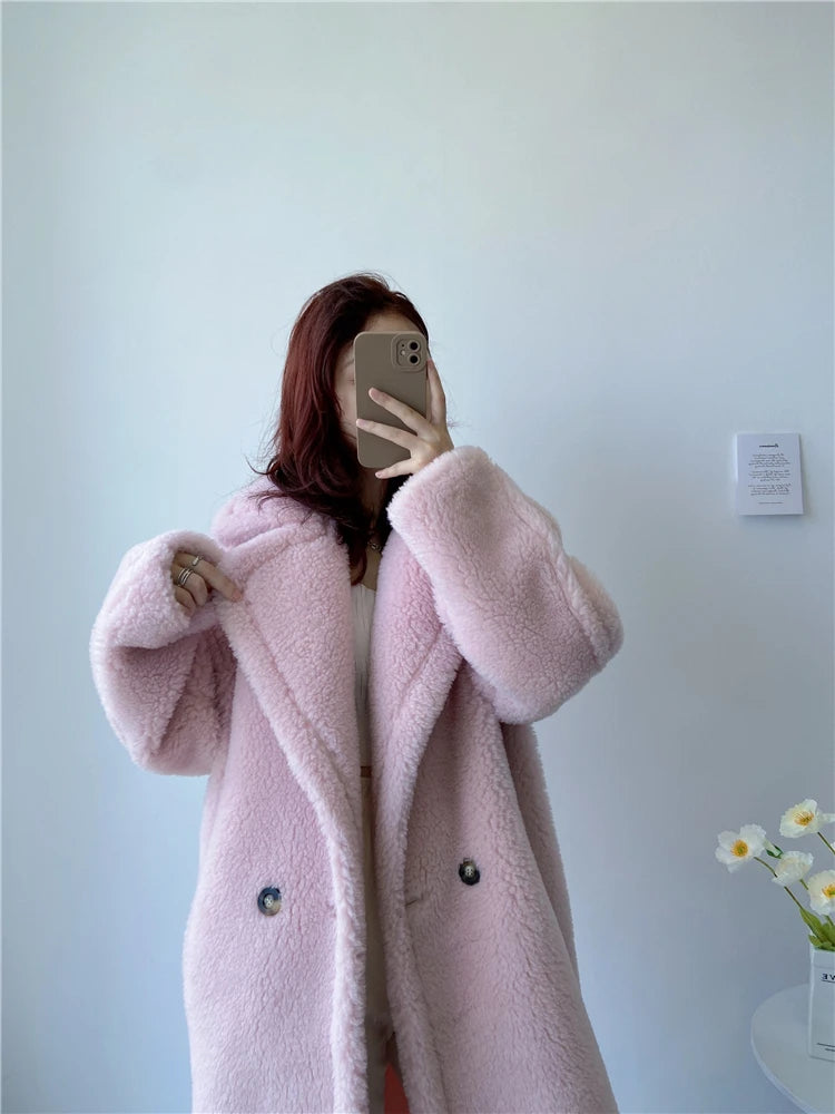 Winter Jacket Women Long Coat  Wool Woven Fabric Thick Warm Outerwear Oversize Fashion Streetwear Teddy Bear Coats