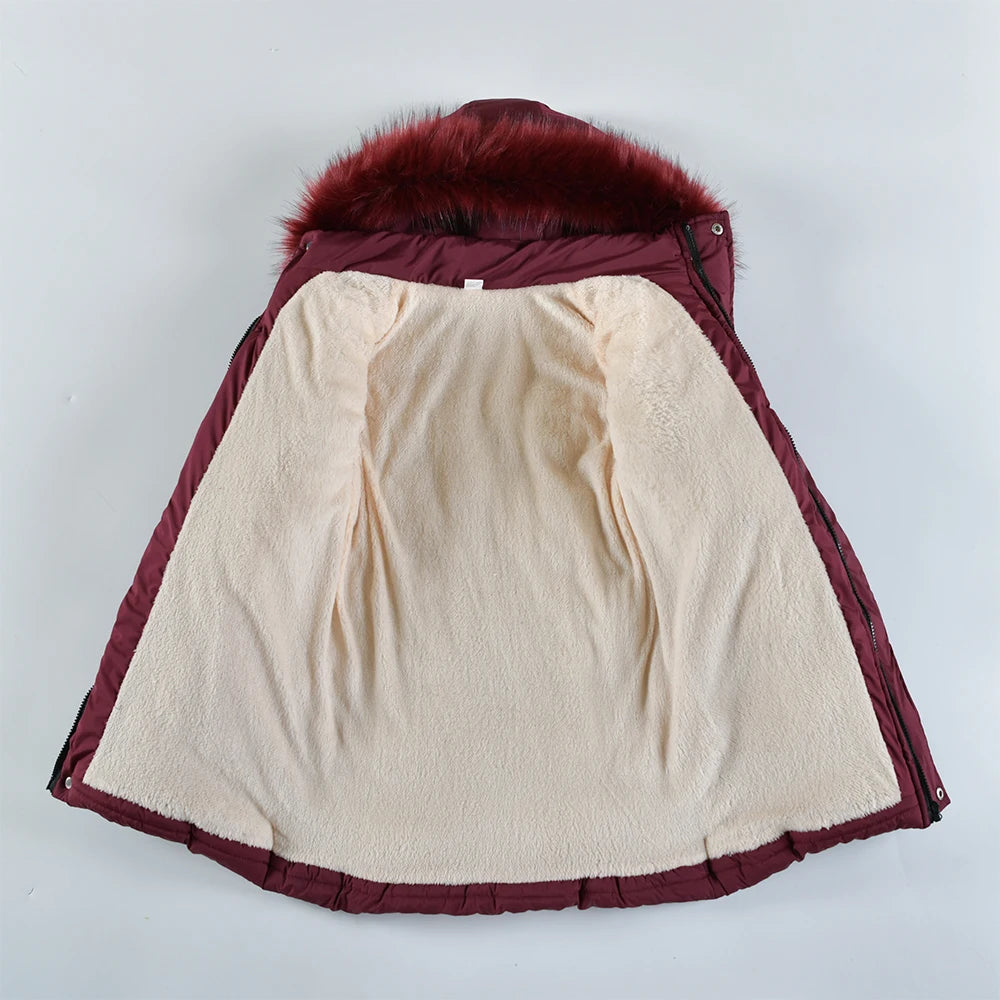 Winter Snow Suit For Girls, Fur Collar & Tunic Details Warm Cotton-padded Hooded Coat, Kids Outerwear