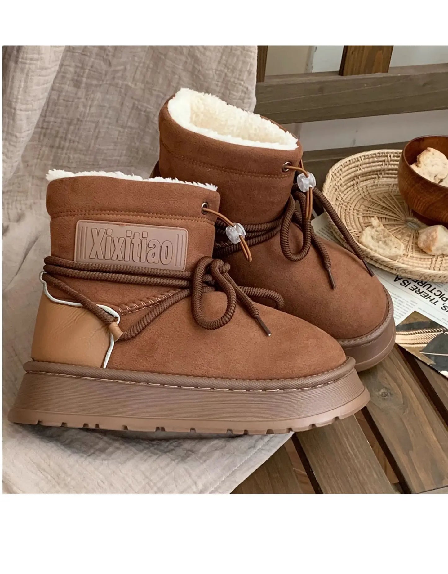 Winter Outdoor Women Ankle Snow Boots Ladies Plush Warm Shoes Classic Ultra Platform Cow Suede Furry Hook & Loop Flat Booties