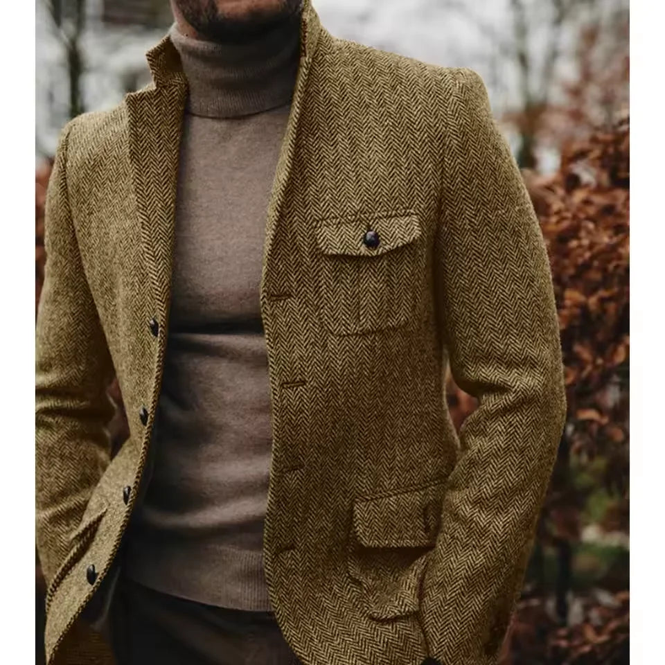 Men Suit Jacket Herringbone Single Breasted Stand Collar Business Formal Attire Casual Blazer Tapered Waist Fashion Slim FitCoat