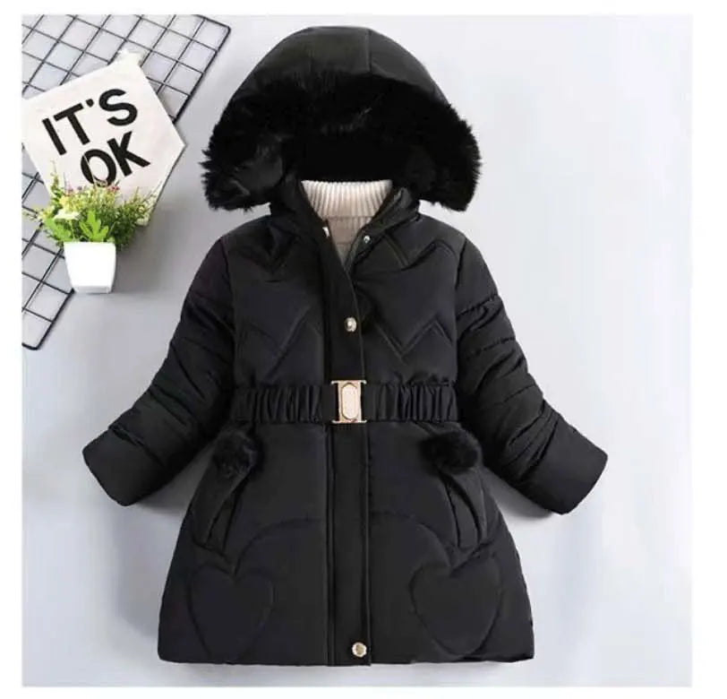 3 4 5 6 8 10 Years Winter Girls Coat Keep Warm Thicken Kids Jacket Hooded Zipper Fur Collar Princess Outerwear Children Clothing
