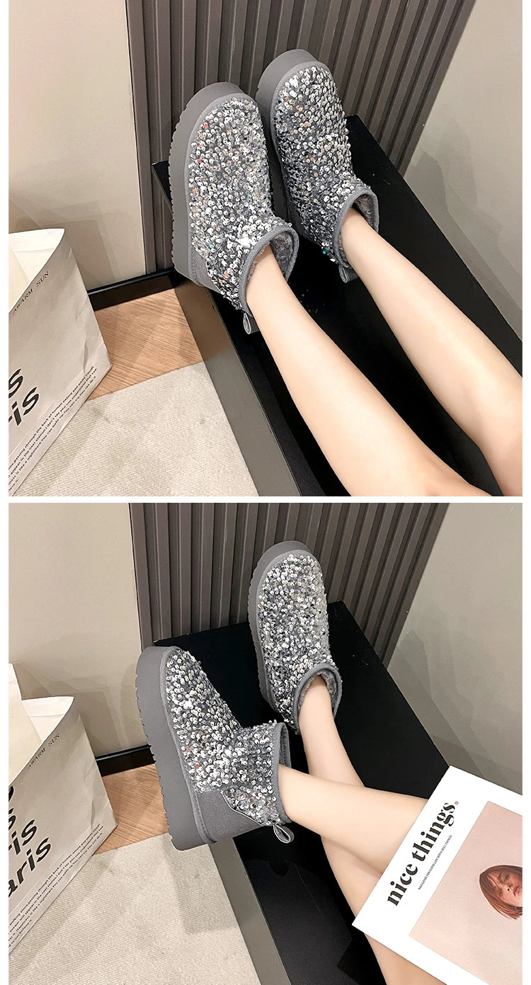 Winter New Warm 4CM Platform Snow Boots Black Bling Sequined Cloth Wool Lined Women Fashion Boots Luxurious shiny suede boots