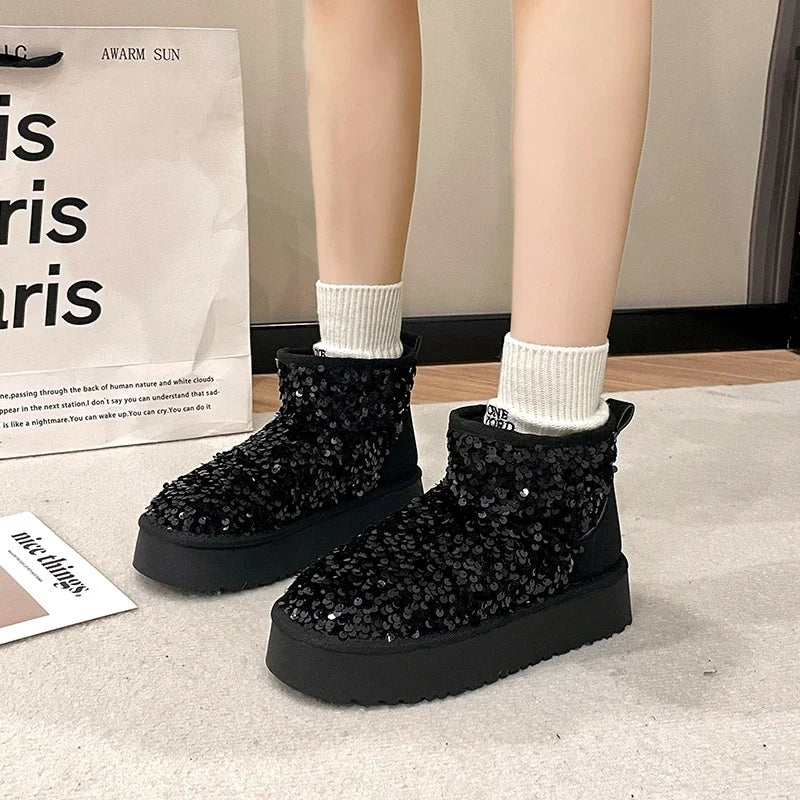 Winter New Warm 4CM Platform Snow Boots Black Bling Sequined Cloth Wool Lined Women Fashion Boots Luxurious shiny suede boots