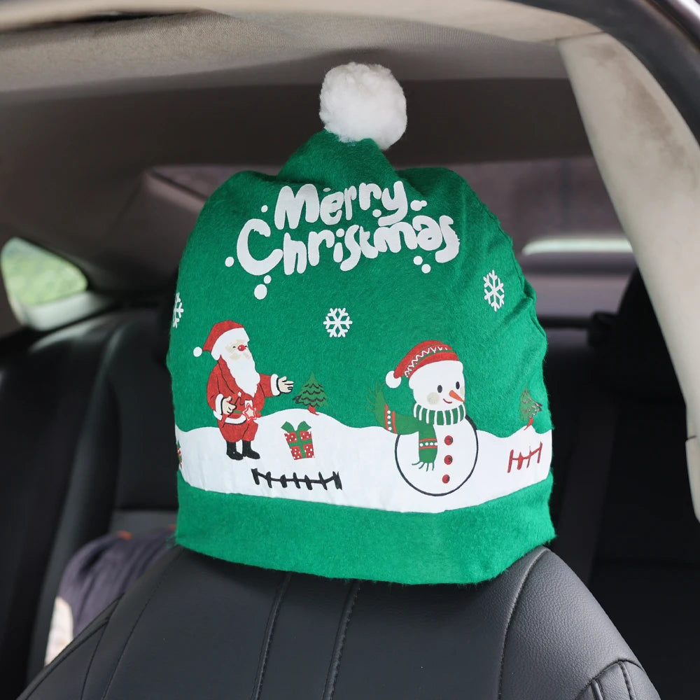 Christmas Car Seat Pillowcase Merry Christmas Santa's Hat Automotive Seat Headrest Cover Car Interior Decor Accessories Gift