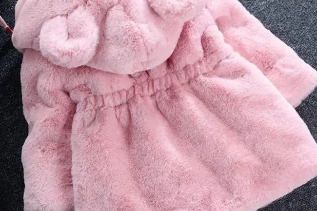 Winter Girl's Coat Furry New Hooded Bear Solid Color Long-sleeved Coat Thick Warm Cute Girls All Fashion Shawl