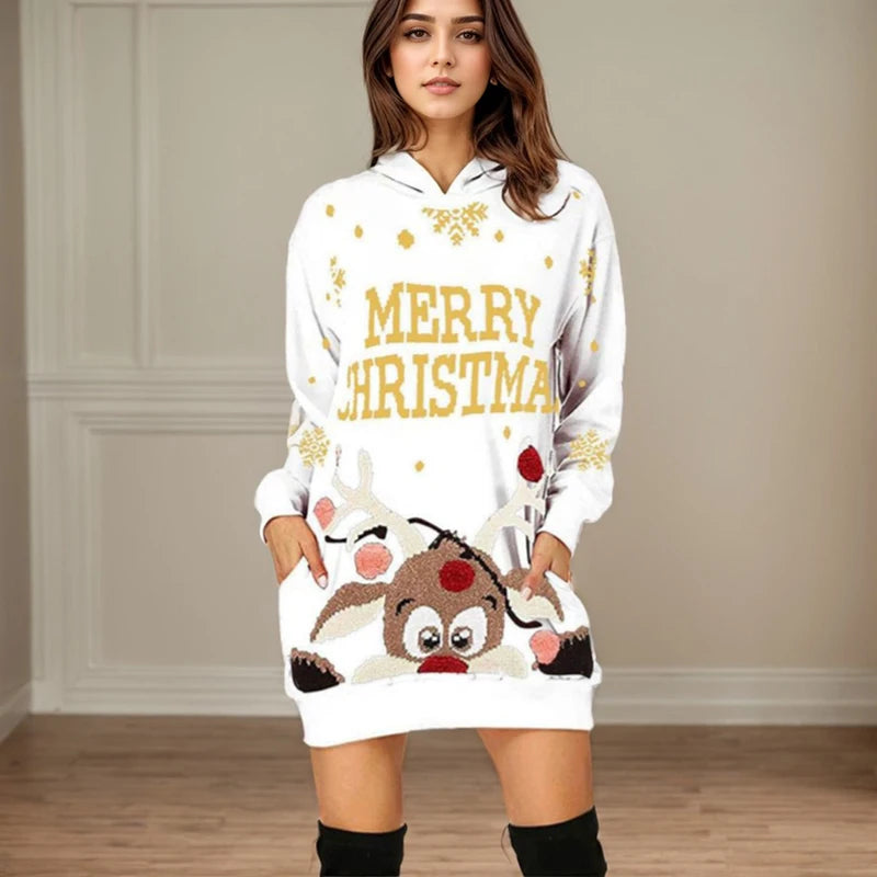 Christmas Printed Loose Hoodied Dress Casual Elk Pattern Long Sleeve Pocket Hoodie Hip-covering Skirt Fashion Christmas Dresses