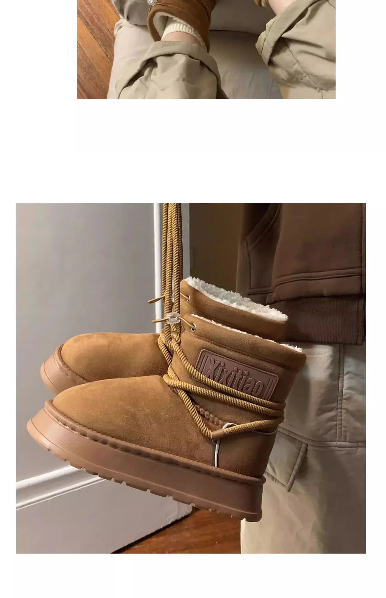 Winter Outdoor Women Ankle Snow Boots Ladies Plush Warm Shoes Classic Ultra Platform Cow Suede Furry Hook & Loop Flat Booties