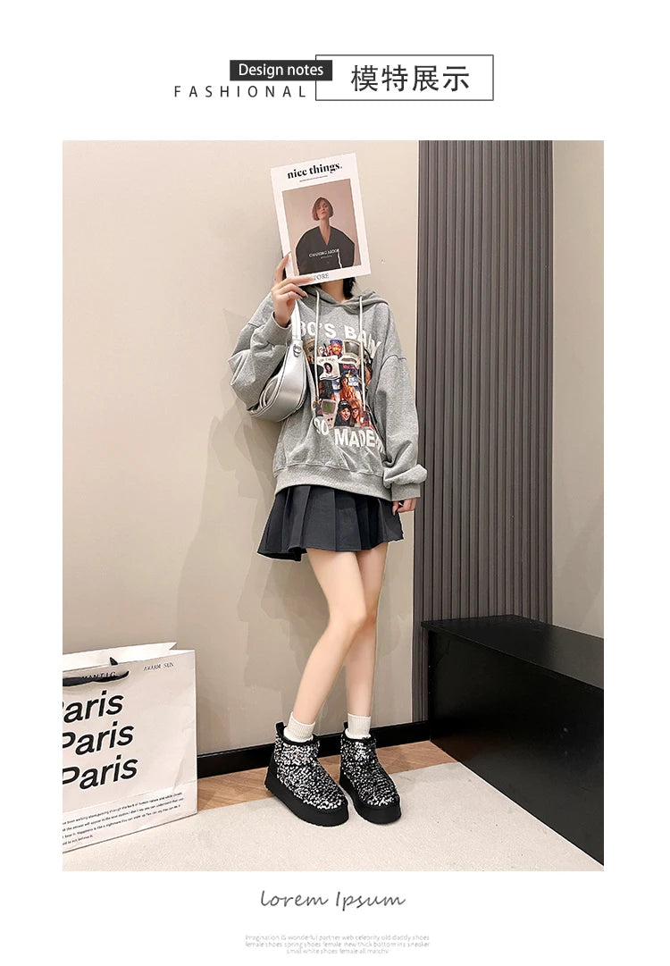 Winter New Warm 4CM Platform Snow Boots Black Bling Sequined Cloth Wool Lined Women Fashion Boots Luxurious shiny suede boots