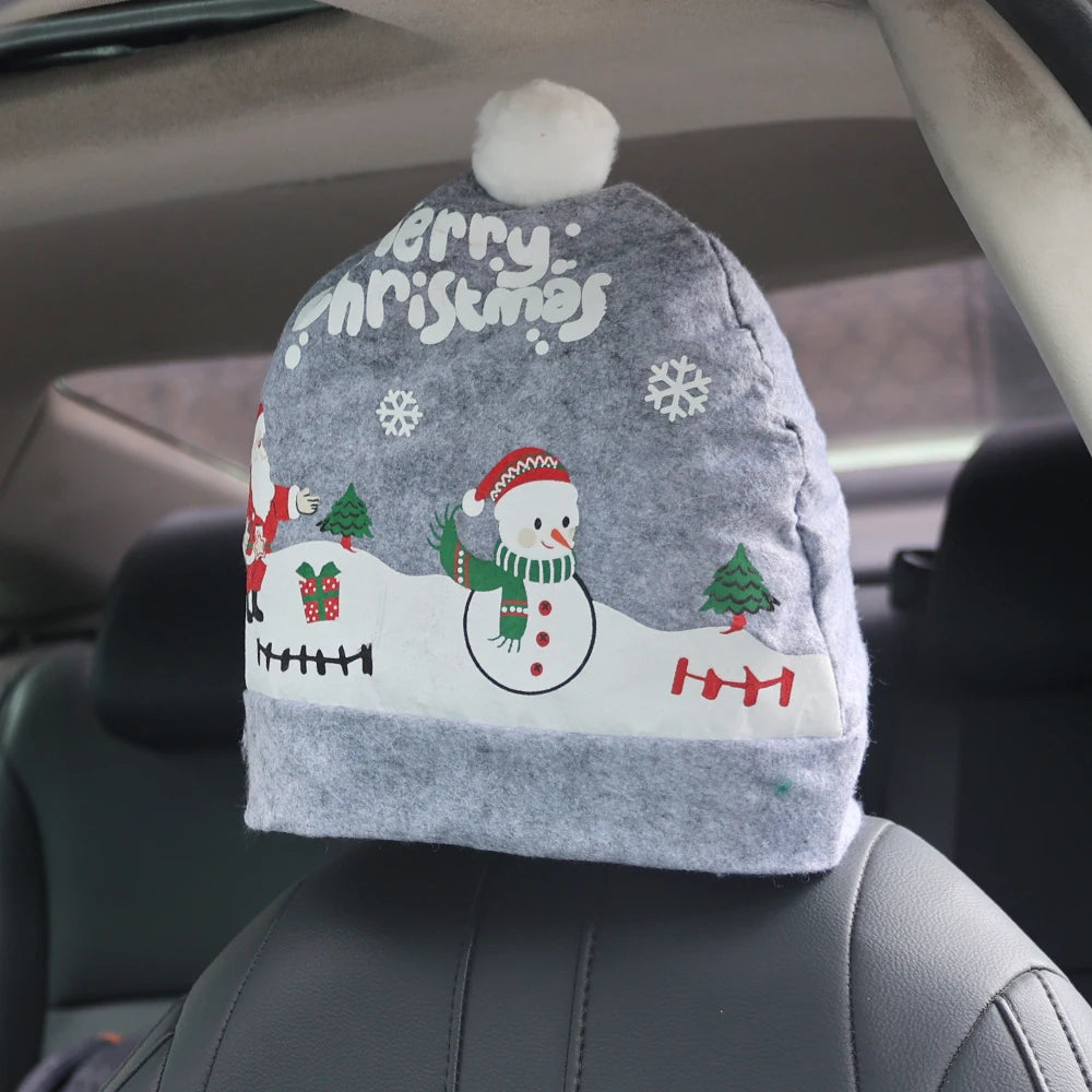 Christmas Car Seat Pillowcase Merry Christmas Santa's Hat Automotive Seat Headrest Cover Car Interior Decor Accessories Gift