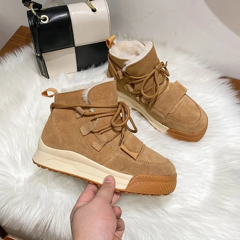 Winter Snow Boots Women Genuine Cow Leather Artificial Wool Solid Color Lace-up 2024 Warm Ladies Shoes Handmade