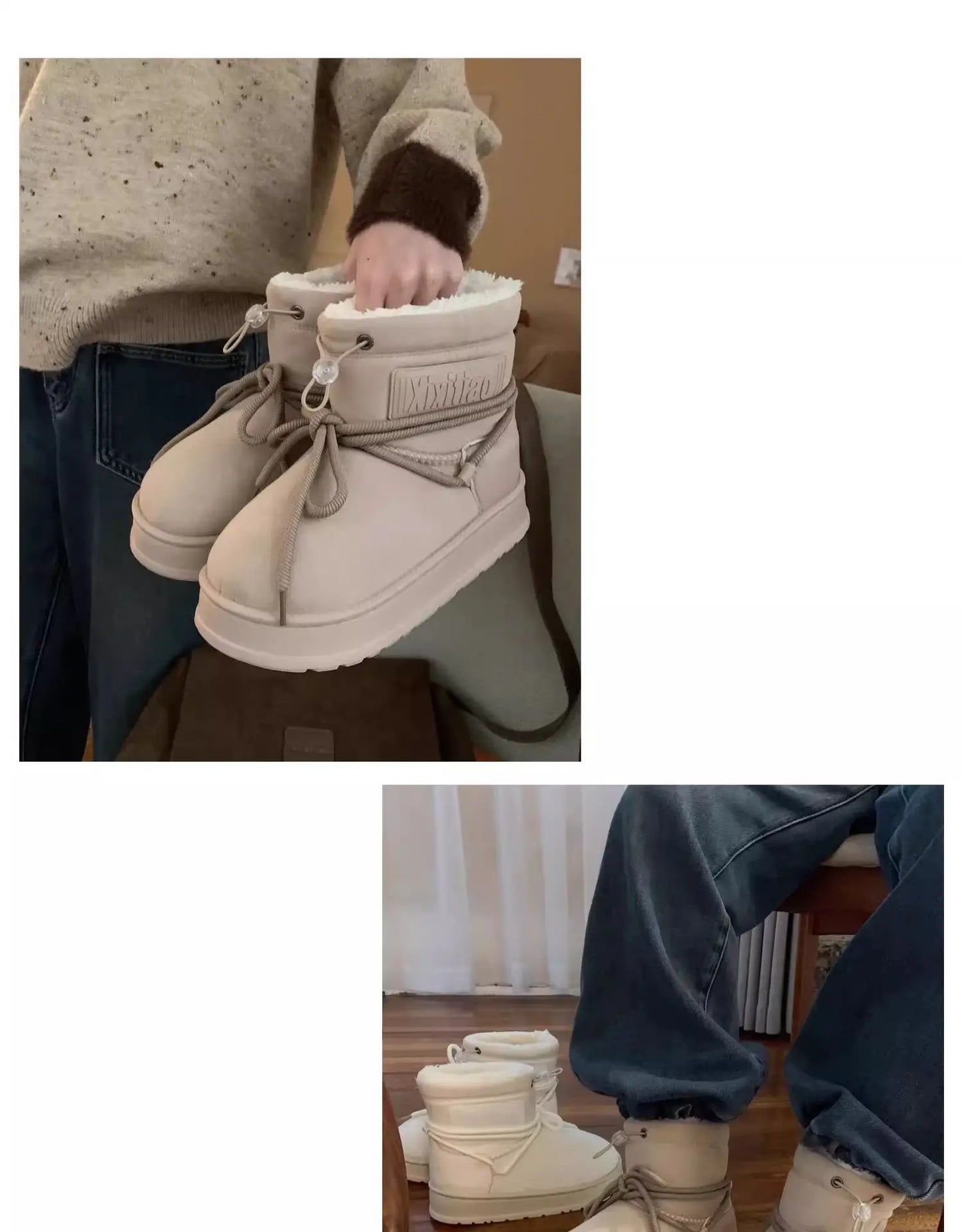 Winter Outdoor Women Ankle Snow Boots Ladies Plush Warm Shoes Classic Ultra Platform Cow Suede Furry Hook & Loop Flat Booties