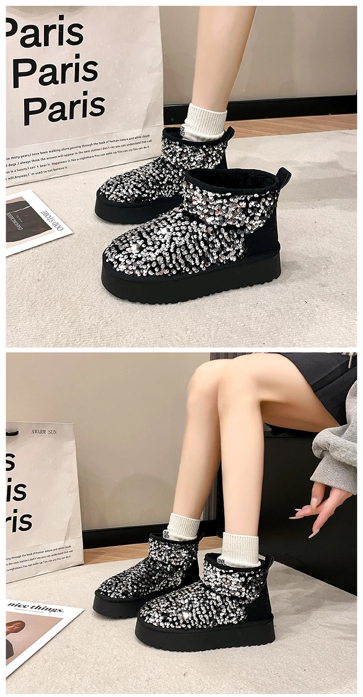 Winter New Warm 4CM Platform Snow Boots Black Bling Sequined Cloth Wool Lined Women Fashion Boots Luxurious shiny suede boots