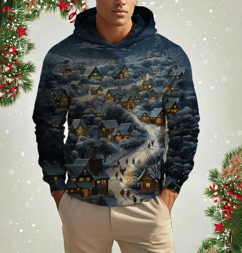 Fashion Hoodies for Men Christmas Snowflake Pattern 3D Printed Tops Autumn Winter Long Sleeved Oversized Christmas Theme Hooded