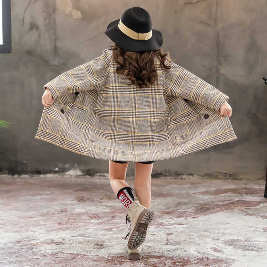Winter Woolen Coat for Girl Thick Jacket Toddler Girls Plaid Outerwear Kids Clothes Autumn England Teenage Trench School Uniform