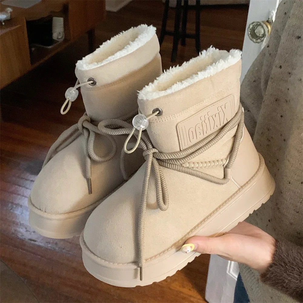 Winter Outdoor Women Ankle Snow Boots Ladies Plush Warm Shoes Classic Ultra Platform Cow Suede Furry Hook & Loop Flat Booties