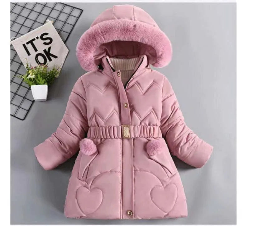 3 4 5 6 8 10 Years Winter Girls Coat Keep Warm Thicken Kids Jacket Hooded Zipper Fur Collar Princess Outerwear Children Clothing