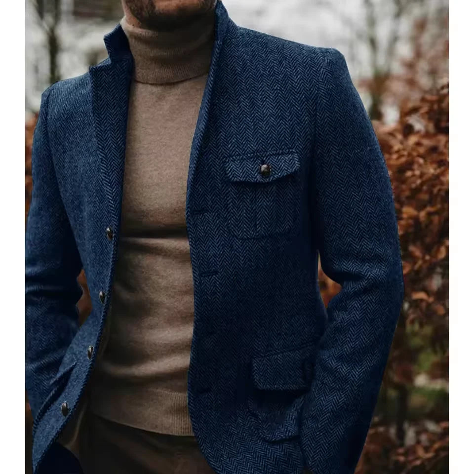 Men Suit Jacket Herringbone Single Breasted Stand Collar Business Formal Attire Casual Blazer Tapered Waist Fashion Slim FitCoat