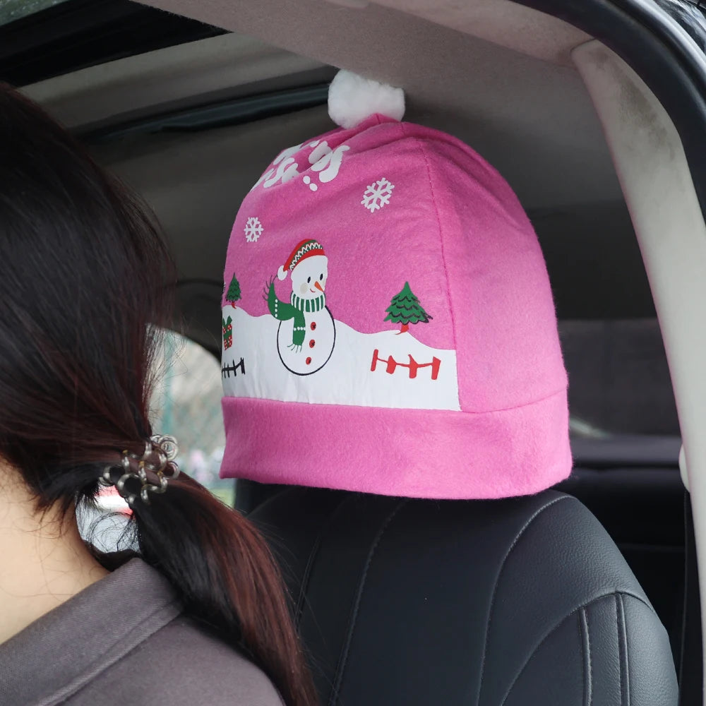 Christmas Car Seat Pillowcase Merry Christmas Santa's Hat Automotive Seat Headrest Cover Car Interior Decor Accessories Gift