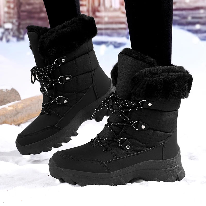 Winter Snow Boots for Couples Slip-Resistant Outdoor Waterproof Mid-Calf Boots With Warm Faux Fur Lining Fashionable and Trendy