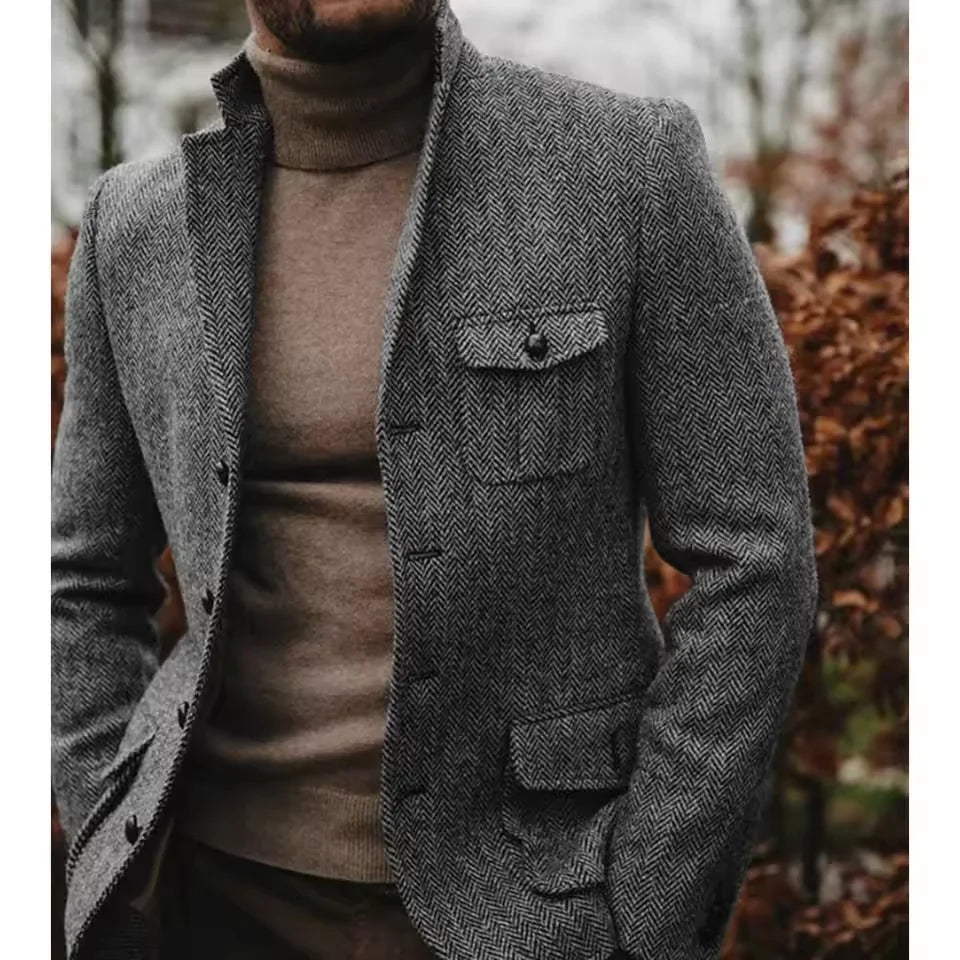 Men Suit Jacket Herringbone Single Breasted Stand Collar Business Formal Attire Casual Blazer Tapered Waist Fashion Slim FitCoat