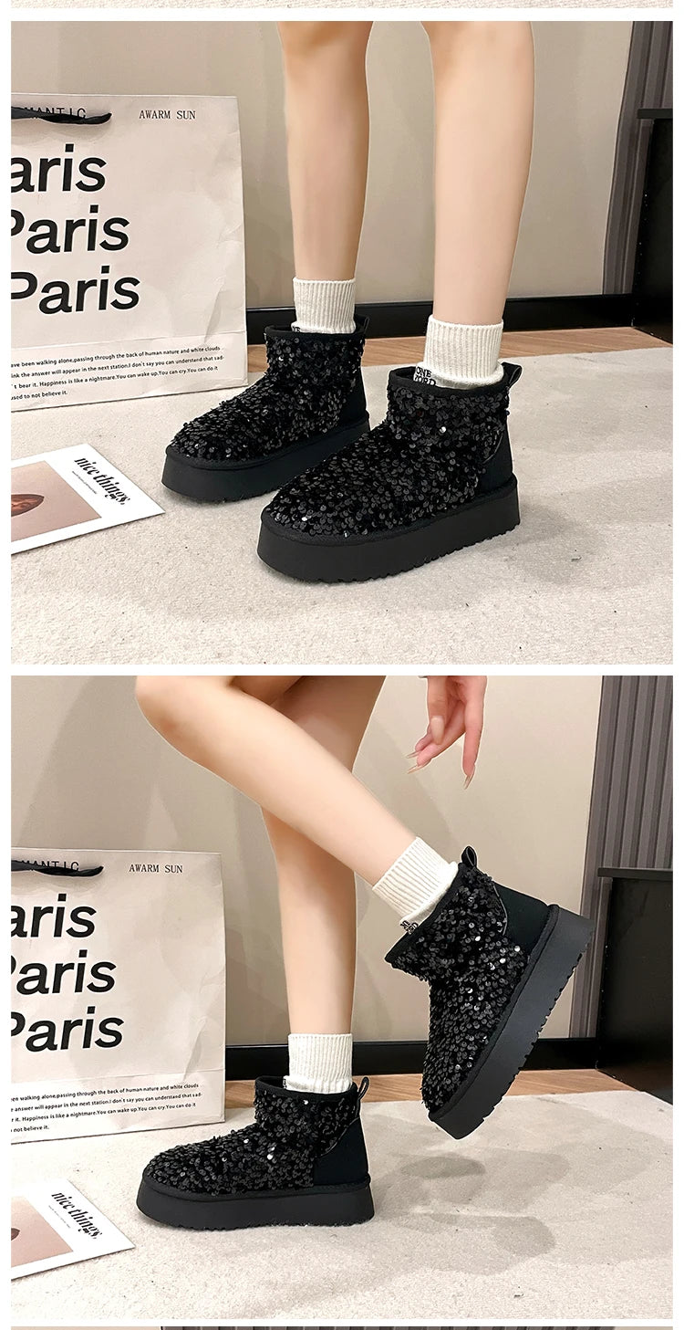 Winter New Warm 4CM Platform Snow Boots Black Bling Sequined Cloth Wool Lined Women Fashion Boots Luxurious shiny suede boots