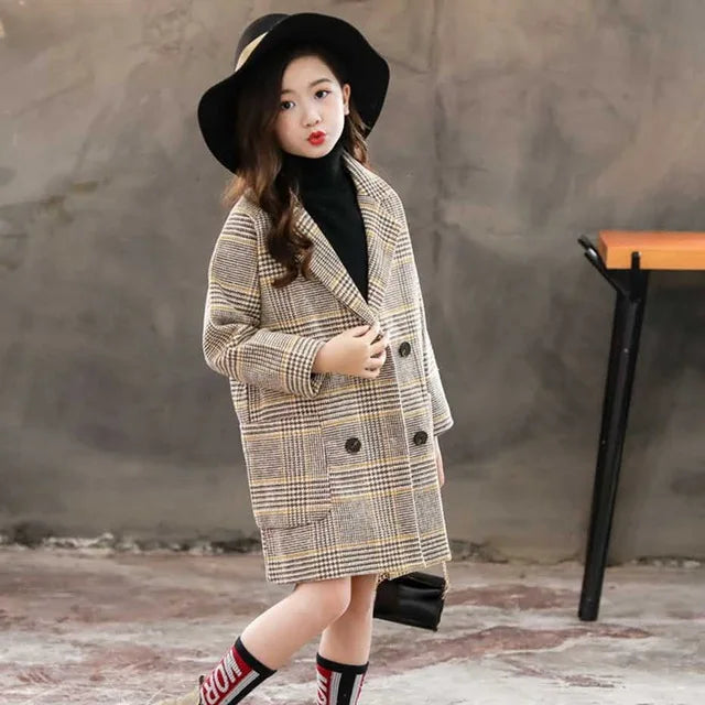 Winter Woolen Coat for Girl Thick Jacket Toddler Girls Plaid Outerwear Kids Clothes Autumn England Teenage Trench School Uniform