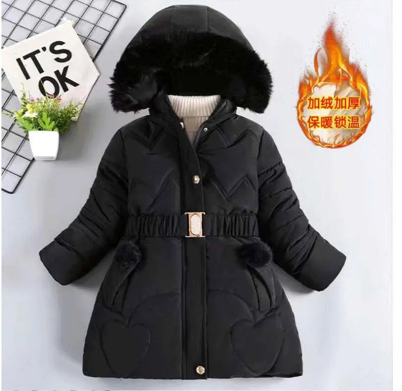 3 4 5 6 8 10 Years Winter Girls Coat Keep Warm Thicken Kids Jacket Hooded Zipper Fur Collar Princess Outerwear Children Clothing