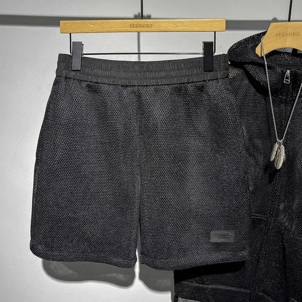 Mens Casual Two-Piece Clothing 2024 Summer Men'S Solid Color Full-Print Mesh Fashion Trend Loose Shorts Hooded Vest Mens Suit