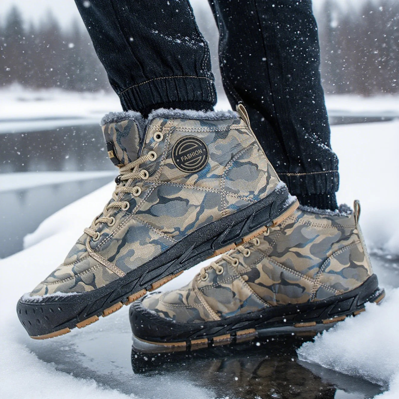 Winter Men's Snow Boots 2025 New Style Platform  Warm Fur Ankle Boots Camo Design Plush  Outdoor Non-slip Hiking Cycling Shoes