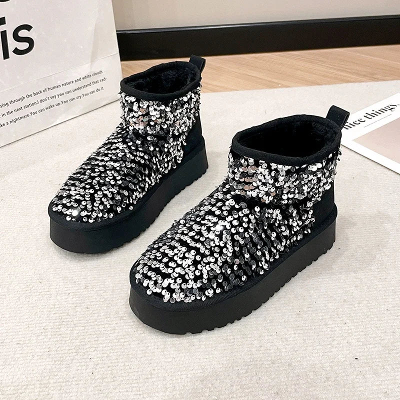 Winter New Warm 4CM Platform Snow Boots Black Bling Sequined Cloth Wool Lined Women Fashion Boots Luxurious shiny suede boots