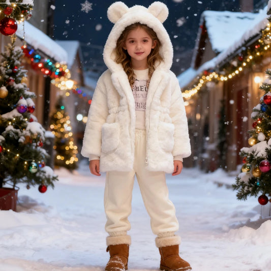 Girls' Winter Clothes Soft Cozy Fleece Hooded Coat Faux Fur Thicken Warm Girl Coat With Cute Ears Thick Warm Outwear Overcoat
