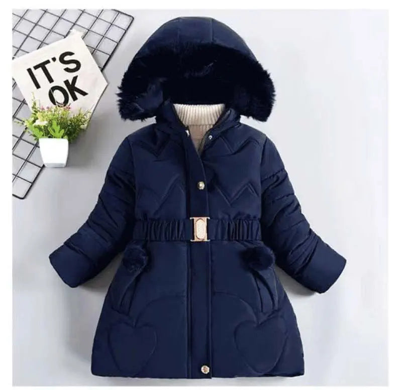 3 4 5 6 8 10 Years Winter Girls Coat Keep Warm Thicken Kids Jacket Hooded Zipper Fur Collar Princess Outerwear Children Clothing