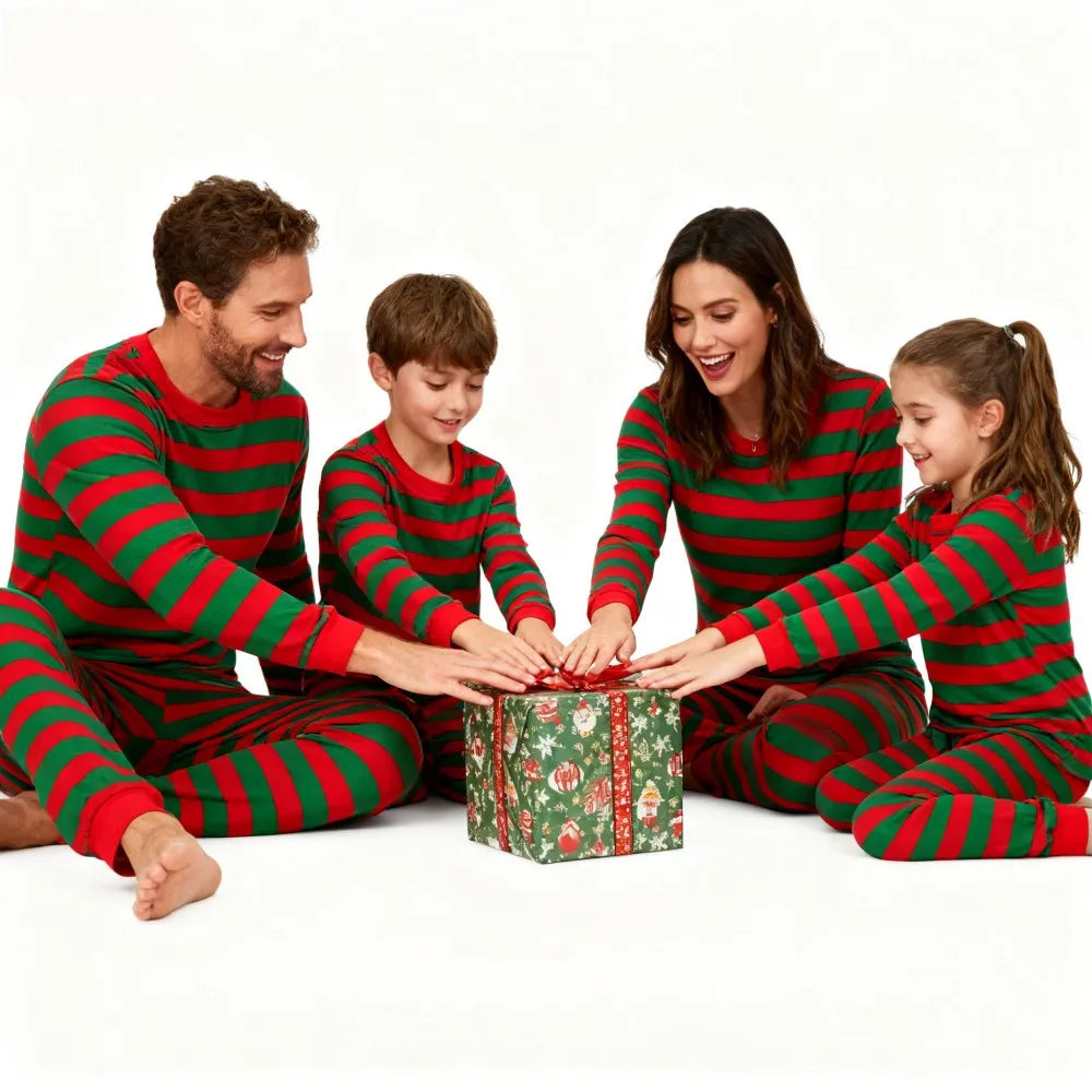 Family Matching Christmas Pajamas Sets Red Green Striped Sleepwear Xmas Festive Pjs for Dad Mom Kids Baby Loungewear Outfits
