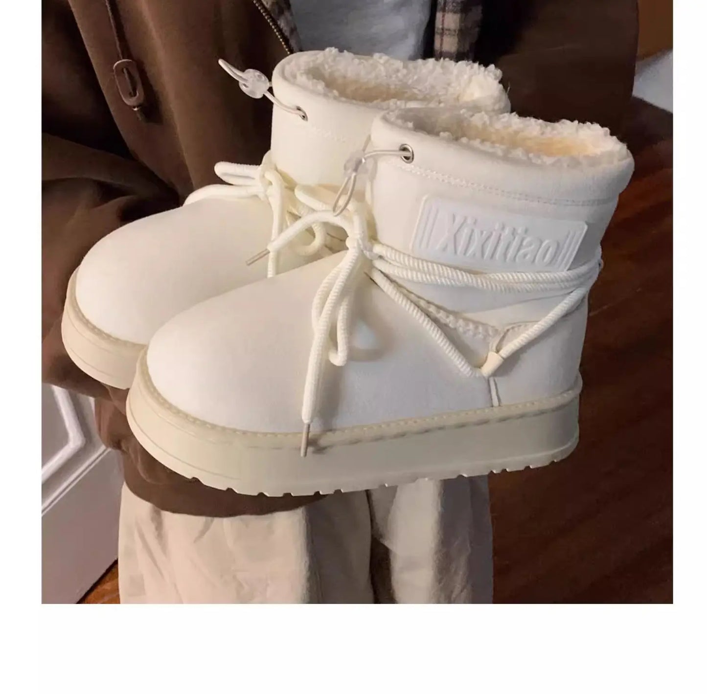 Winter Outdoor Women Ankle Snow Boots Ladies Plush Warm Shoes Classic Ultra Platform Cow Suede Furry Hook & Loop Flat Booties