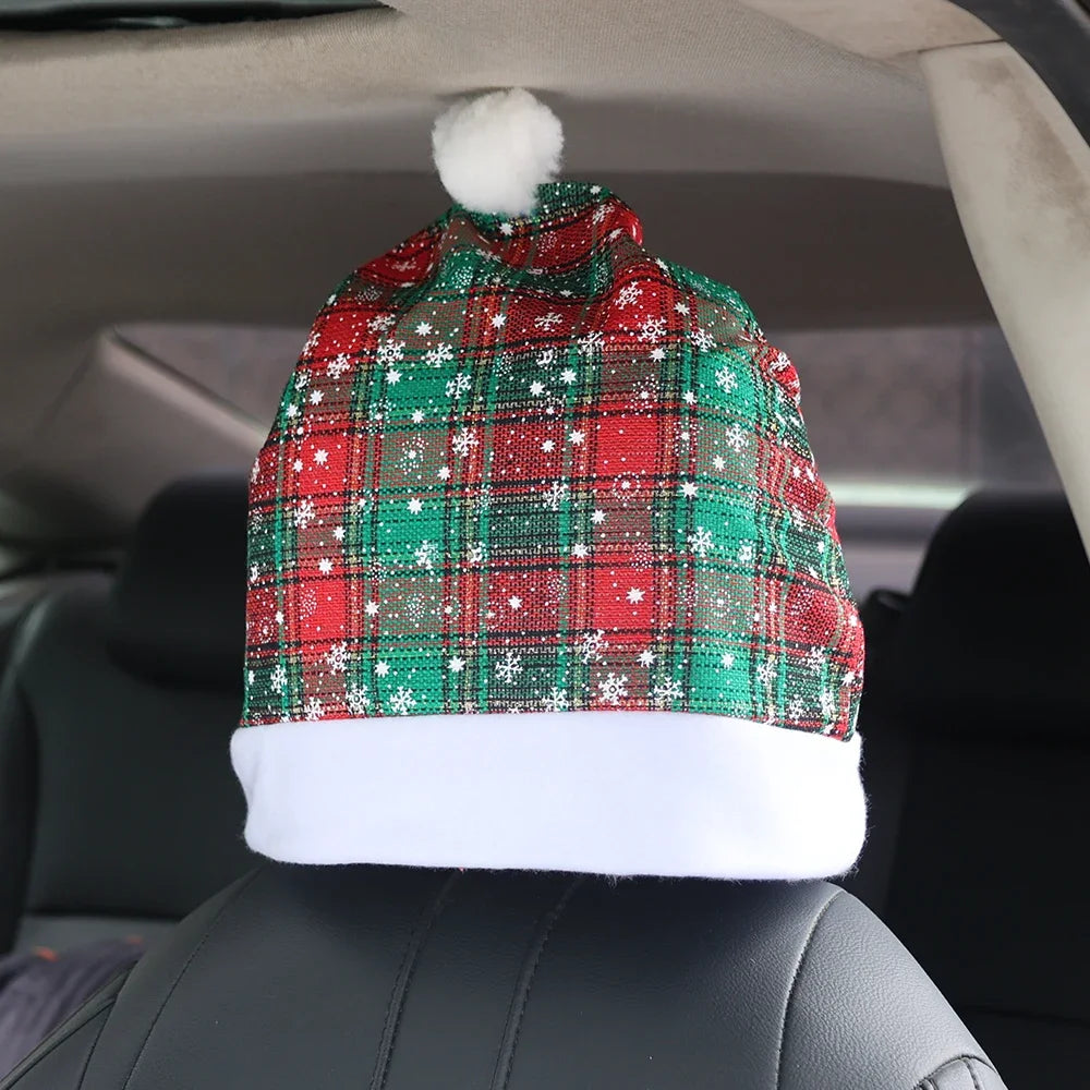 Christmas Car Seat Pillowcase Merry Christmas Santa's Hat Automotive Seat Headrest Cover Car Interior Decor Accessories Gift