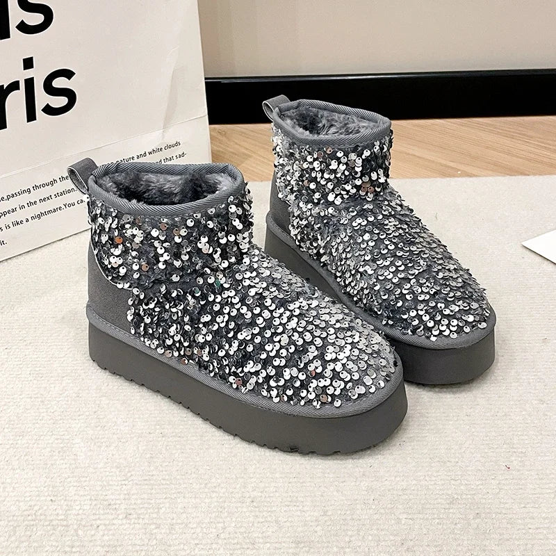 Winter New Warm 4CM Platform Snow Boots Black Bling Sequined Cloth Wool Lined Women Fashion Boots Luxurious shiny suede boots