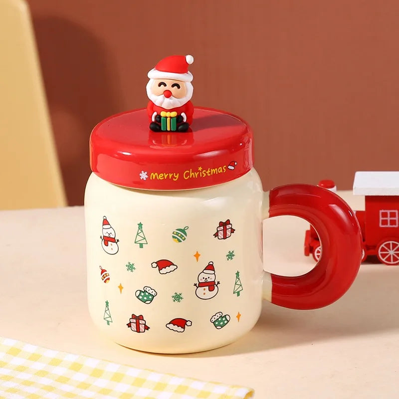 Christmas gifts: Ceramic cups with LIDS, spoons, cartoon mugs, high appearance level, creative New Year gifts and souvenirs