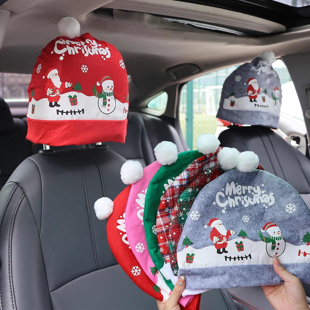 Christmas Car Seat Pillowcase Merry Christmas Santa's Hat Automotive Seat Headrest Cover Car Interior Decor Accessories Gift