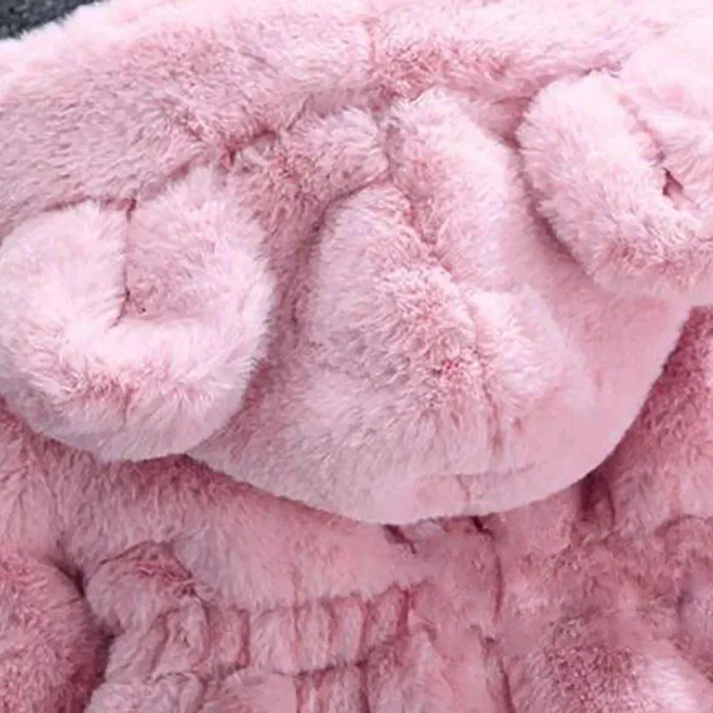 Winter Girl's Coat Furry New Hooded Bear Solid Color Long-sleeved Coat Thick Warm Cute Girls All Fashion Shawl